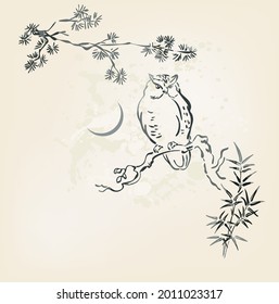 owl vector card japanese chinese nature ink illustration engraved sketch traditional