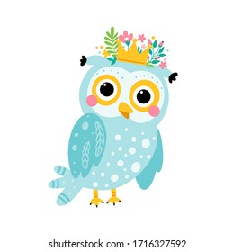 Owl vector character. Cartoon vector owl with crown decorated with flowers isolated on white background. Childrens illustration.