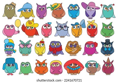 Owl vector color set icon. Isolated color set icon funny bird. Vector illustration owl on white background.