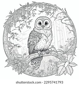 Owl vector coloring book black and white for adults and kids isolated line art on white background.