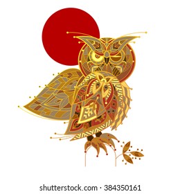 Owl. Vector decorative illustration bird isolated on white background. Patterned image