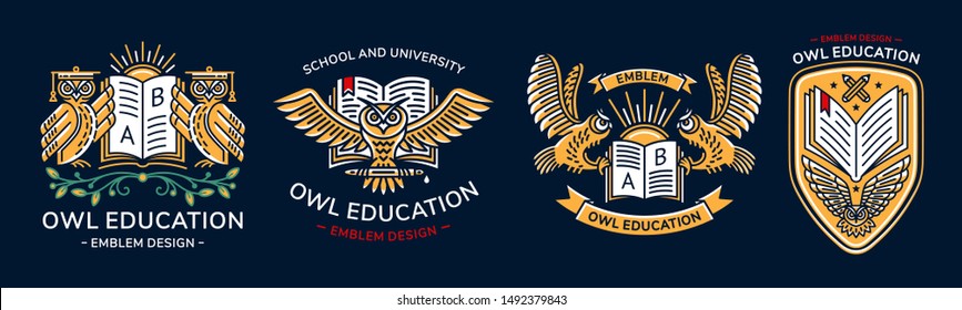 Owl vector emblem, illustration, logo set  for education, schools, universities  in linear style on a dark background
