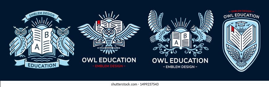 Owl vector emblem, illustration, logo set  for education, schools, universities  in linear style on a dark background