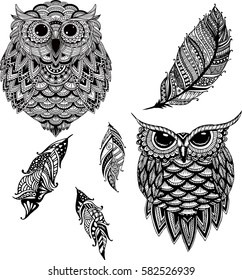 OWL vector handdrawn set in zentangle style  with feathers