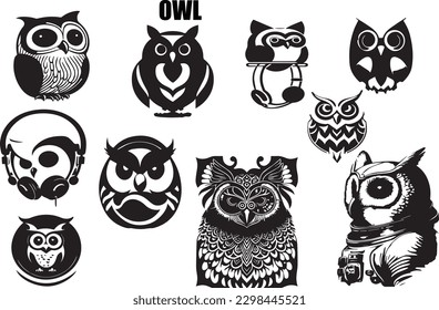 Owl vector icons set. Black and white illustration for tattoo.