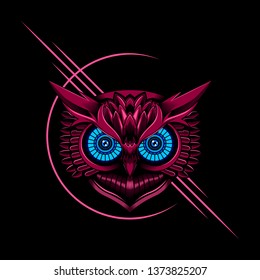 Owl vector illustration art with blue eye on dark background -  design for t-shirt and other - vector.