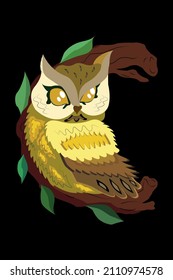 Owl. It Is Vector Illustration. Bird Has Big Yellow Eyes, White, Brown And Yellow Feathers. The Owl Is Sitting On A Tree Branch.