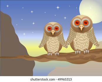 Ilustración vectorial de búho con un búho marrón con ojos rojos sentados en una rama al atardecer, guardados en formato EPS 10