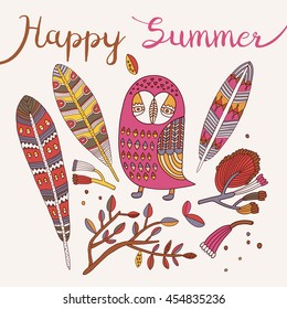 Owl vector.owl illustration.cute cartoon characters.Trendy owl. Happy summer card.
