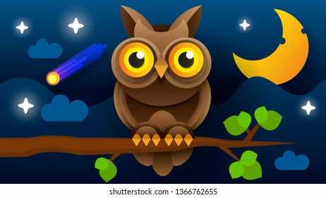 Owl Vector Isolated Icon. Wild Forest Feathered Nocturnal Predatory Bird Of Prey Sitting On Branch.