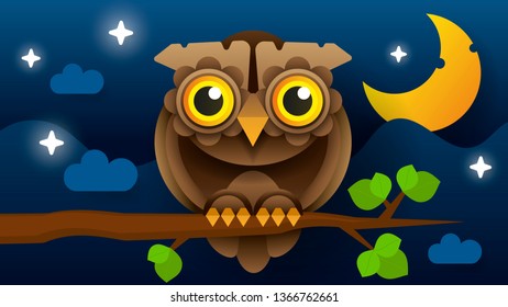 Owl Vector Isolated Icon. Wild Forest Feathered Nocturnal Predatory Bird Of Prey Sitting On Branch.