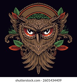 owl vector with leaf ornament