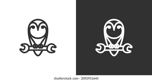 Owl vector logo design with wrench on black and white background