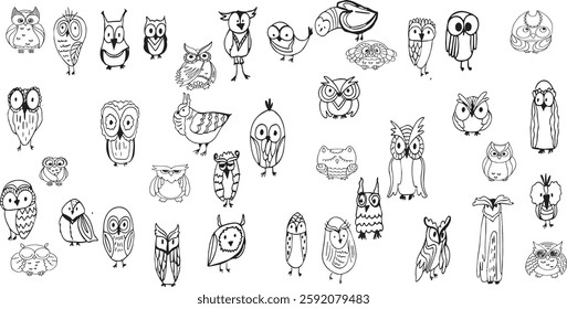 Owl vector outline set, hand drawn owl line art, minimal owls isolated design for tattoo, clipart, sketch