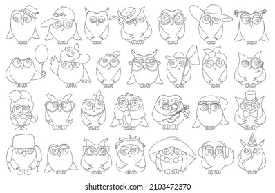 Owl vector outline set icon. Isolated outline set icon funny bird. Vector illustration owl on white background.