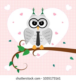 Owl vector. Serious owl on the tree. Hearts in the air. Vector Illustration. 