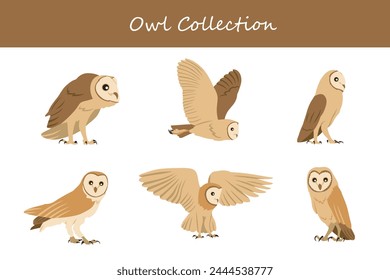 Owl vector set. Cute cartoon character in different poses and attitudes.