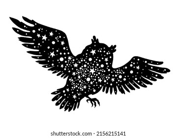 Owl vector silhouette. Magic boho logo. Black mystic night illustration. Tattoo art design. Moon animal symbol. Tribal drawing. Halloween vintage graphic. Ethnic owl. Magic star dream. Boho vector art