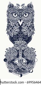 Owl, vintage crossed keys and all seeing eye in ethnic celtic style tattoo and t-shirt design 