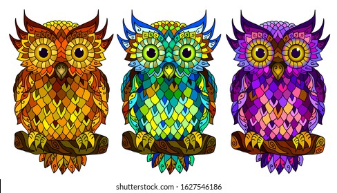 Owl  Wall sticker  Set 3 artistic  hand  drawn  decorative multicolored owls white background 