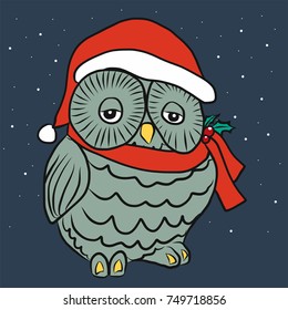 Owl wear santa hat in Christmas time cartoon vector illustration