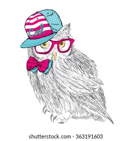 Owl wearing a cap and a tie. Painted Bird. Vector illustration for greeting card, poster, or print on clothes.