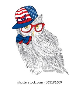 Owl wearing a cap and a tie. Painted Bird. Vector illustration for greeting card, poster, or print on clothes.
