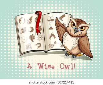 Owl wearing eyeglasses studying illustration