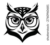 Owl wearing glasses with sharp feathers and round eyes closeup head icon