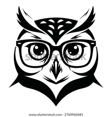 Owl wearing glasses with sharp feathers and round eyes closeup head icon