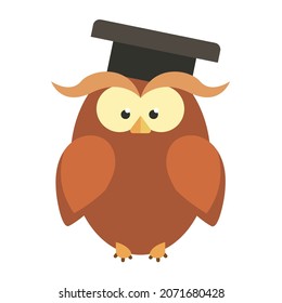Owl wearing graduation cap. Bird in flat style.
