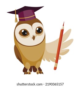 Owl wearing graduation cap. Cute wise owl with hat. Symbol of wisdom or graduation from higher or secondary educational institution