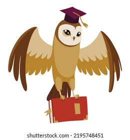 Owl wearing graduation cap. Cute wise owl with hat. Symbol of wisdom or graduation from higher or secondary educational institution