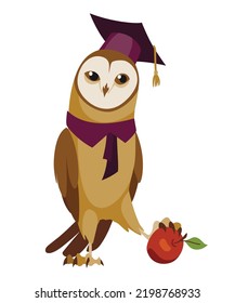 Owl wearing graduation cap. Cute wise owl with hat. Symbol of wisdom or graduation from higher or secondary educational institution