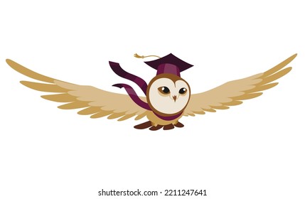 Owl wearing graduation cap. Cute wise owl with hat. Symbol of wisdom or graduation from higher or secondary educational institution