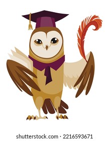 Owl wearing graduation cap. Cute wise owl with hat. Symbol of wisdom or graduation from higher or secondary educational institution