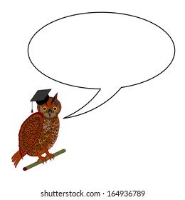 An owl wearing a graduation cap with a speech bubble. Vector-art illustration on a white background