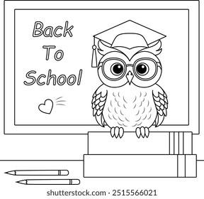 The owl is wearing a graduation cap with the words "Back to School" on the blackboard outine coloring page 