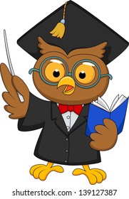 Owl wearing a graduation uniform giving a presentation.