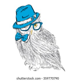 Owl wearing a hat and sunglasses . Fashion & Style. Print . Hipster. Bird vector . Painted owl . 
