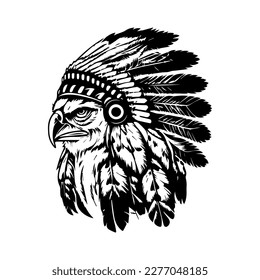 owl wearing indian chief head hand drawn illustration