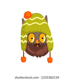 Owl wearing knitted winter hat, hipster bird portrait cartoon vector Illustration on a white background