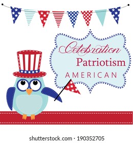 Owl wearing patriotic uncle sams hat holding a flag with patriotic bunting or banners and frame, layout for scrapbooking or card, vector format