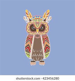 Owl Wearing Tribal Clothing Colorful Flat Isolated Icon In Cool Detailed Artistic Design Isolated On Blue Background