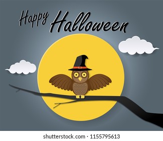 Owl wearing witch hat and full moon background Halloween's night poster. Vector illustration