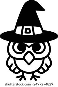 A Owl wearing a witch's hat in line icon style