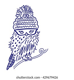 Owl wearing wool hat standing on a branch, Art colouring book, hand drawn, illustration bird, T-shirt Graphics, cute cartoon characters 