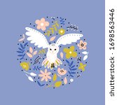 Owl wild bird vector illustration.  Flying animal and floral design element in round shape. Owl, flowers and leaves cartoon  composition on purple background