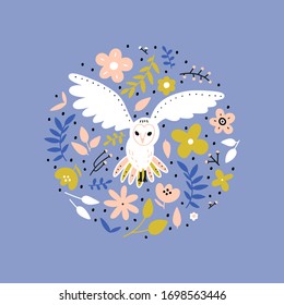 Owl wild bird vector illustration.  Flying animal and floral design element in round shape. Owl, flowers and leaves cartoon  composition on purple background