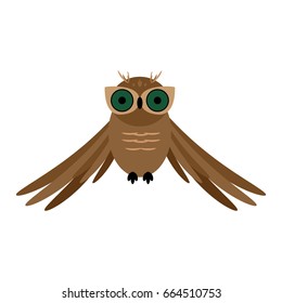 Owl with wings down. Owl. Vector illustration of an owl with green eyes. Cartoon owl.